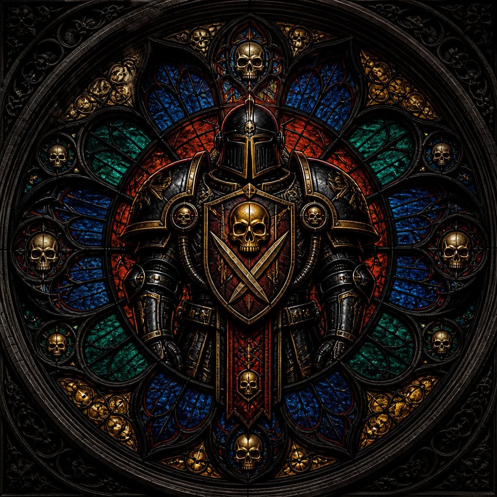 Armored Gothic Knight framed by circular red, blue, and green stained glass with ornamental skull details