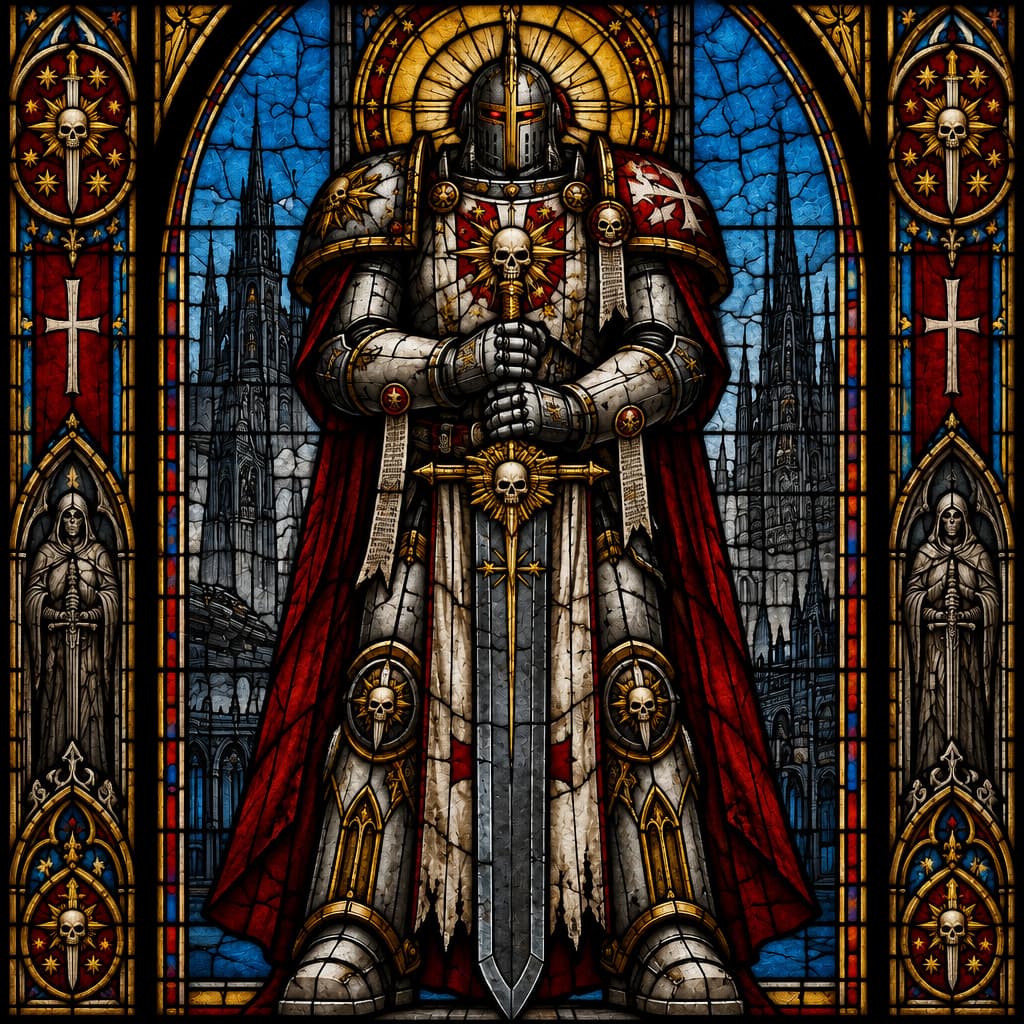 Armored Gothic Knight centered within an ornate circular stained-glass frame with skull motifs